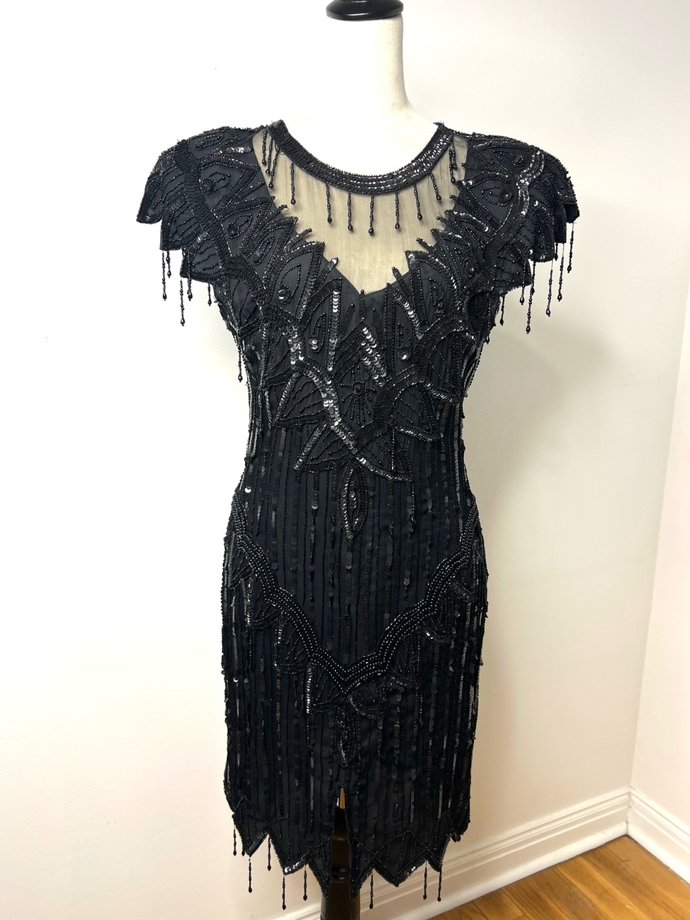 Laurence Kazar Vintage 1980’s Black Beaded Cap-Sleeve Evening Dress SZ MP EUC